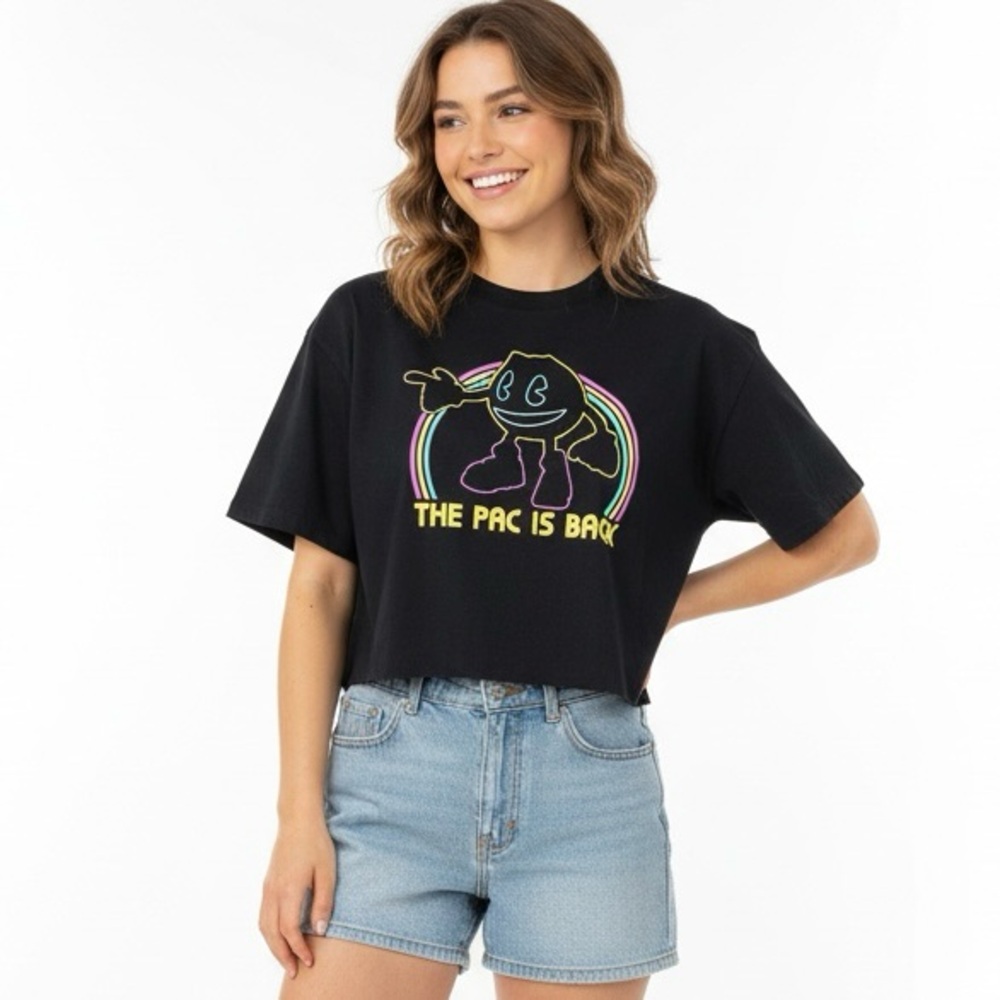 PAC-Man T-Shirt Adults Size L‎ Cut- OFF Cropped Black Multicolored Retro Gaming